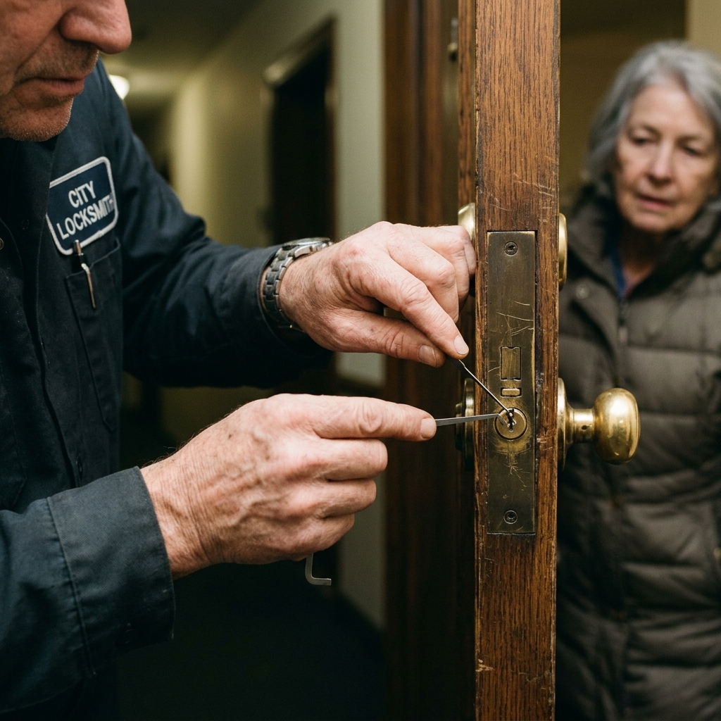 Professional locksmith changing door lock